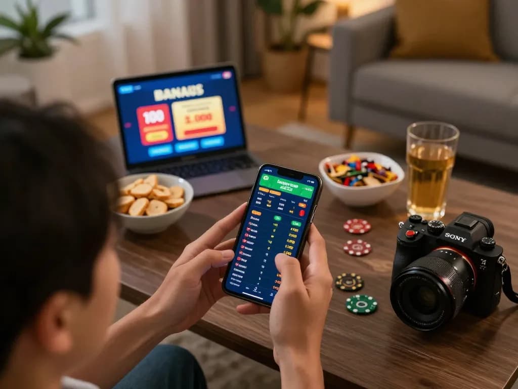 Live sports betting action with LV88 app on smartphone in a cozy home setting.