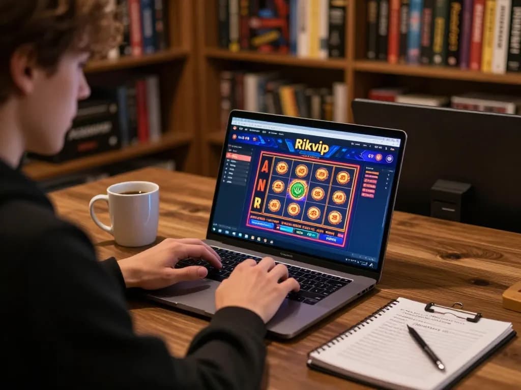 Player analyzing strategies for Rikvip casino games in a cozy home setting