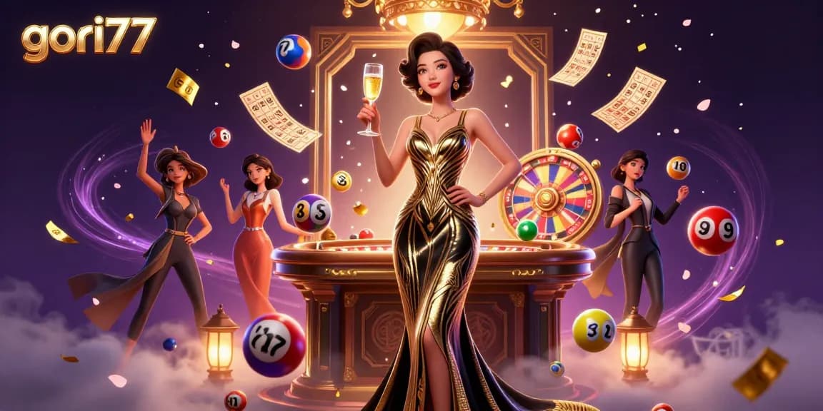 Engage with gori77's captivating gaming atmosphere featuring a sophisticated Asian woman celebrating wins amid lottery elements.