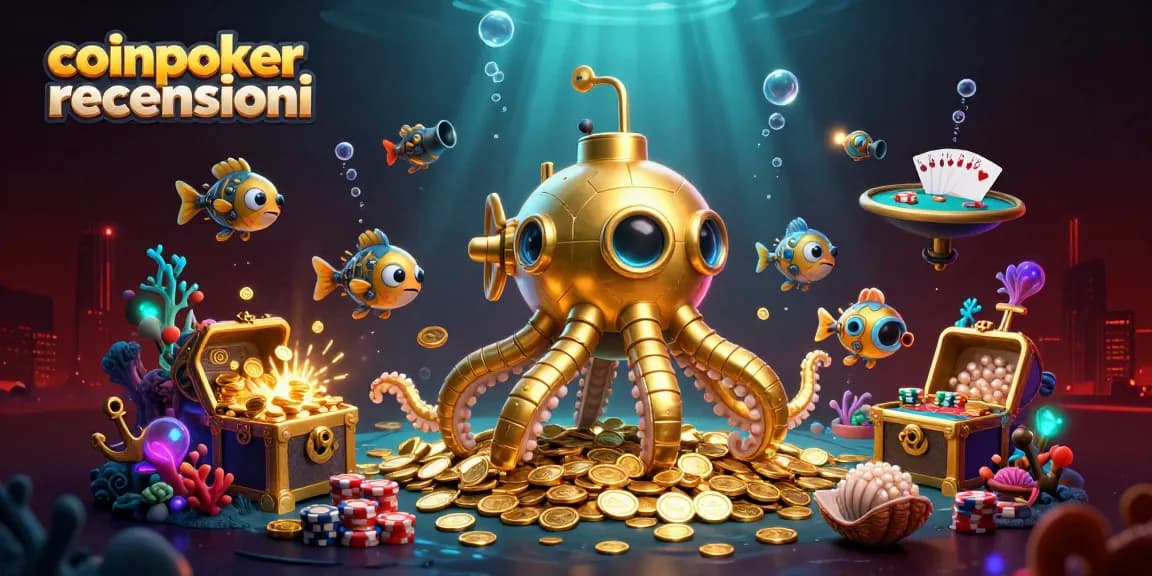 Recensioni di CoinPoker: gioca a poker su un tavolo fantastico circondato da squali meccanici e monete dorate.