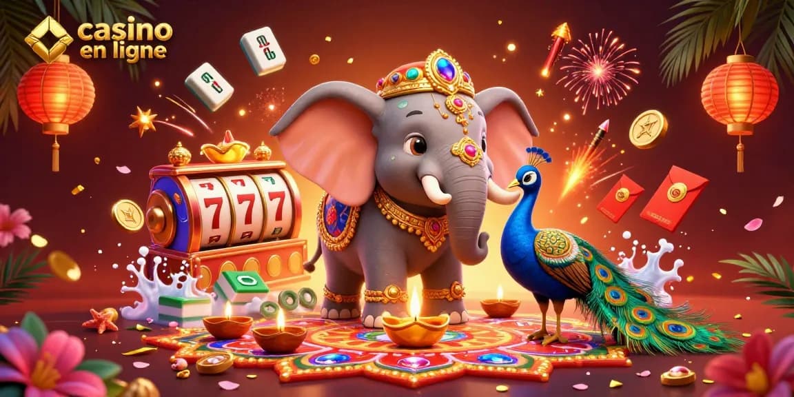 Des personnages de casino en ligne, un éléphant coloré et un paon, s'éclatent au milieu des jeux.