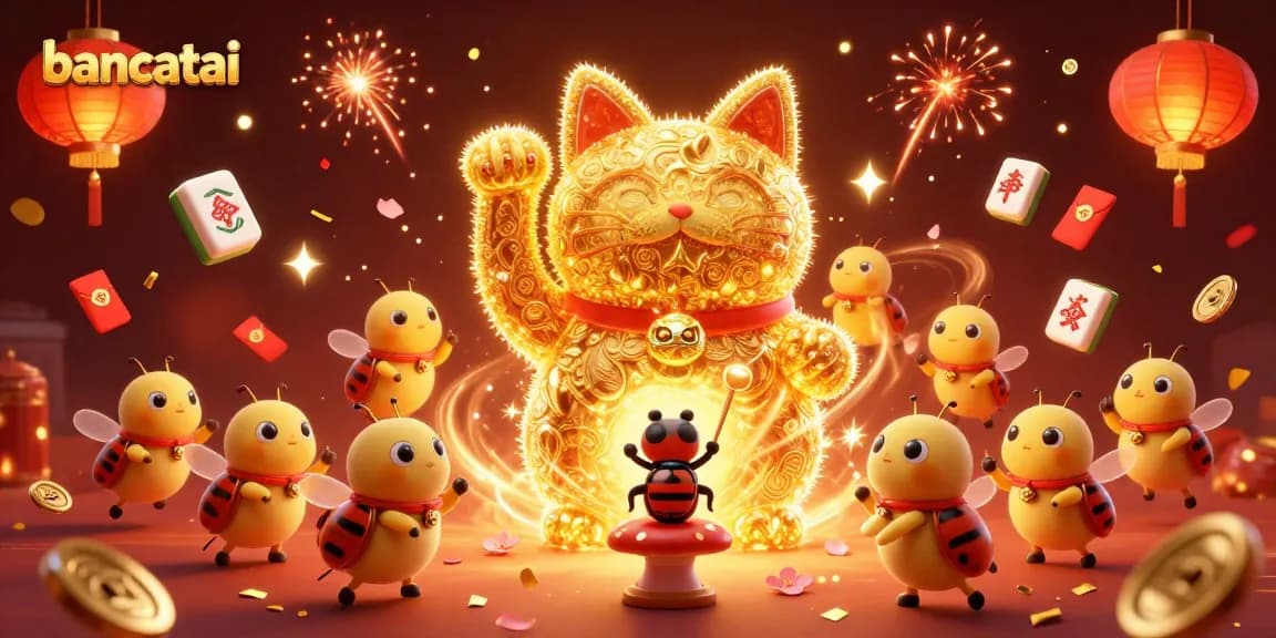 bancatai showcases a golden lucky cat composed of fireflies amidst festive casino symbols and elements.