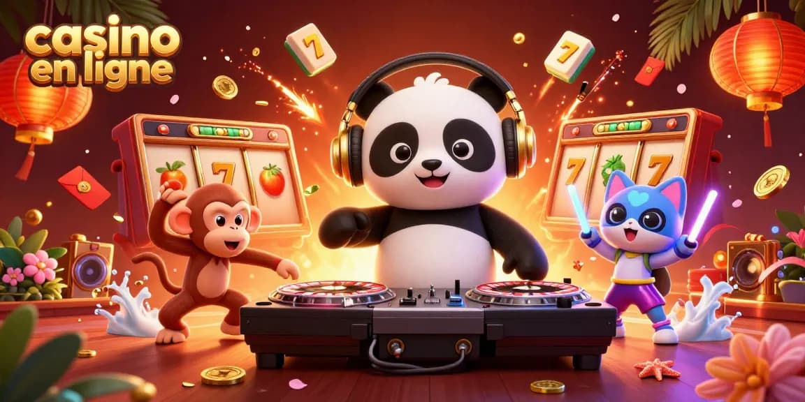 Découvrez l'énergie du casino en ligne avec un panda DJ et un singe danseur.