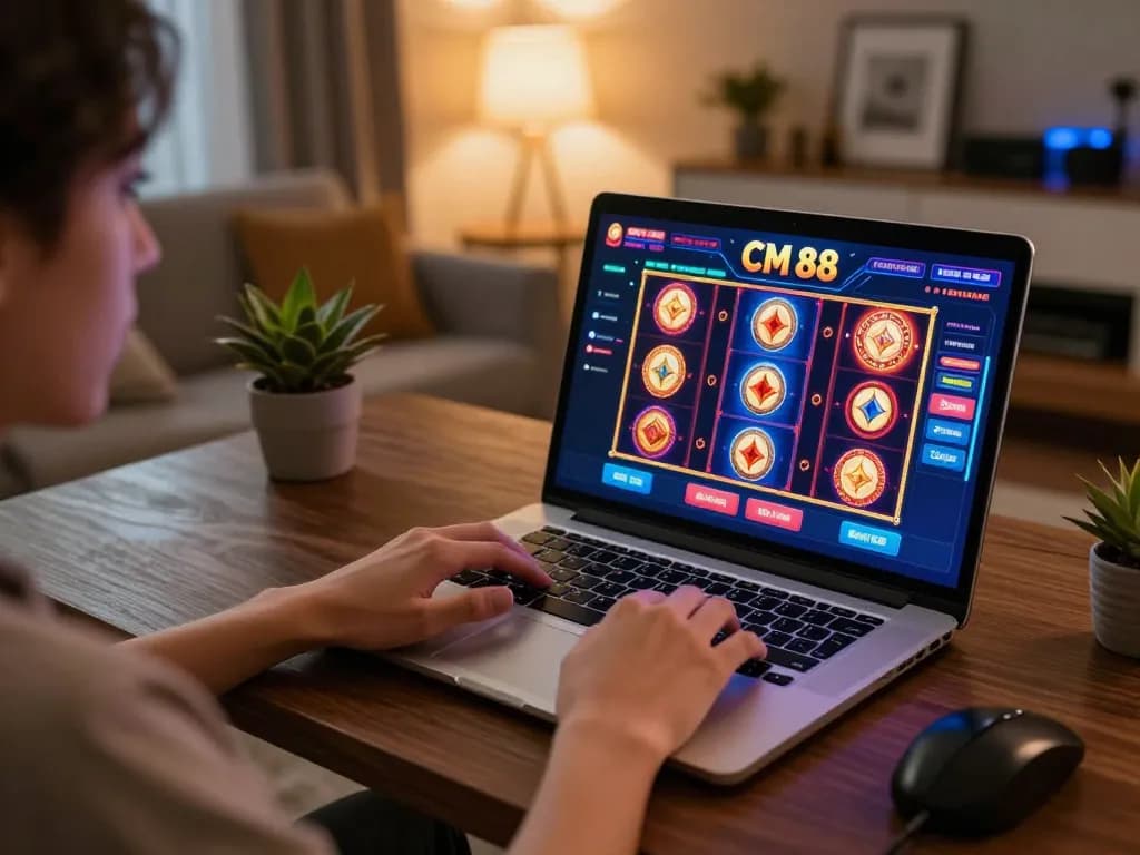 Player enjoying CM 88 casino games on a laptop in a cozy home setup.