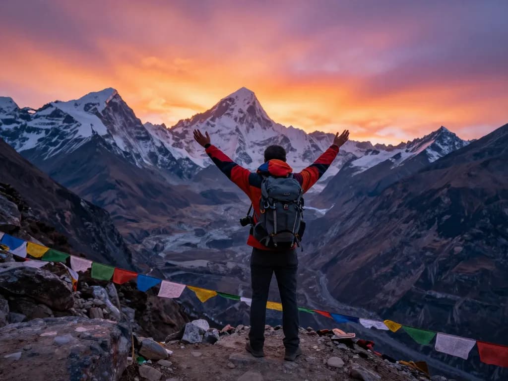 Person celebrating at sunset during the Everest Base Camp Trek with stunning mountain views in the background.
