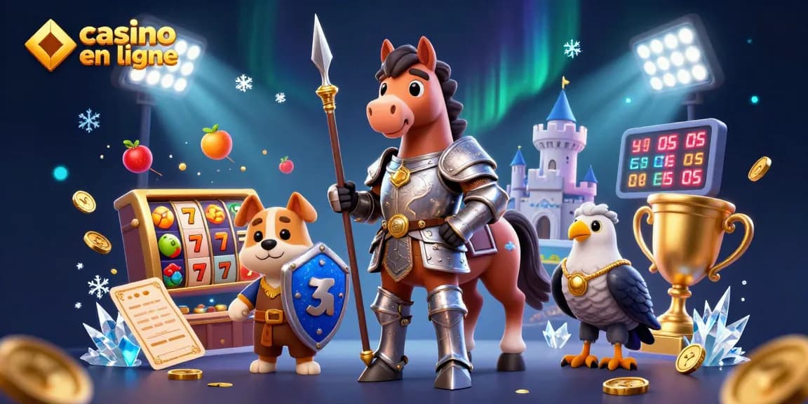 Vivez l'action dans un casino en ligne avec un chevalier et un chiot squire entourés de symboles de machines à sous.