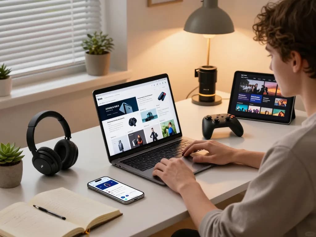 Engaging workspace featuring the latest tech gadgets 2051, including laptops and Bluetooth devices in a cozy setting.