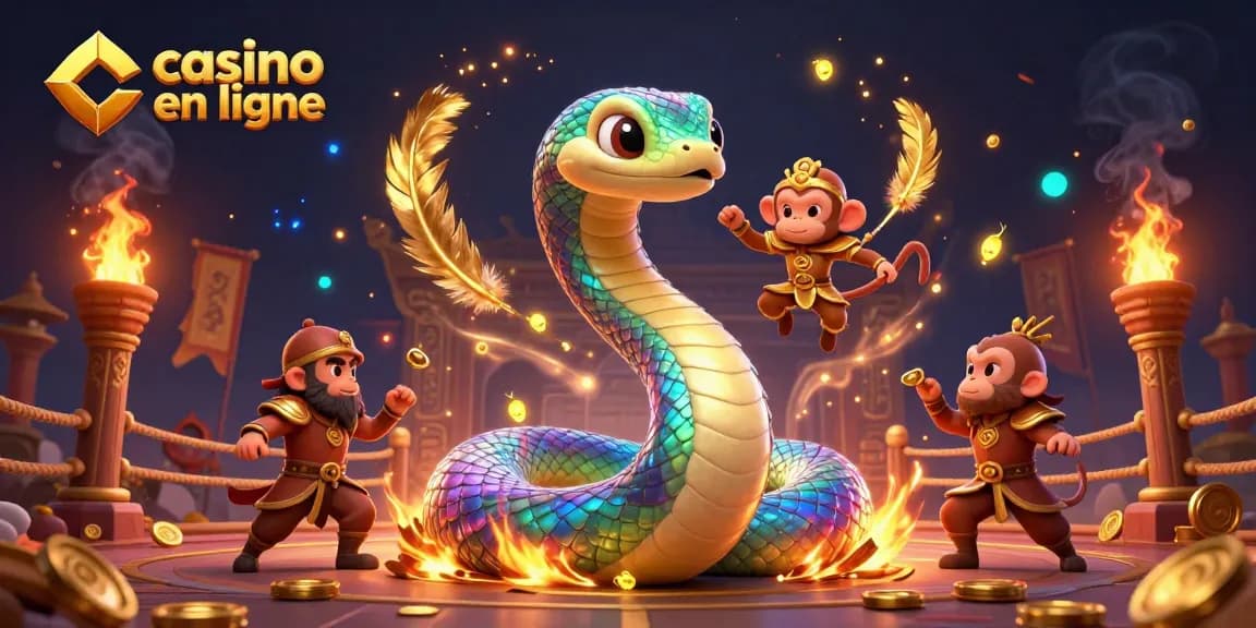 Découvrez l'univers du casino en ligne avec des personnages colorés, comme un serpent arc-en-ciel et un roi singe, illuminés de feux d'artifice.