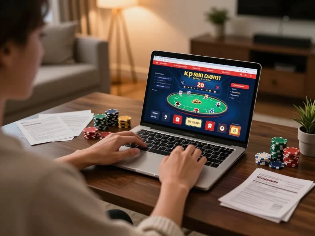 Engaging in kp88 online gaming with a laptop featuring poker strategy, cozy home atmosphere.