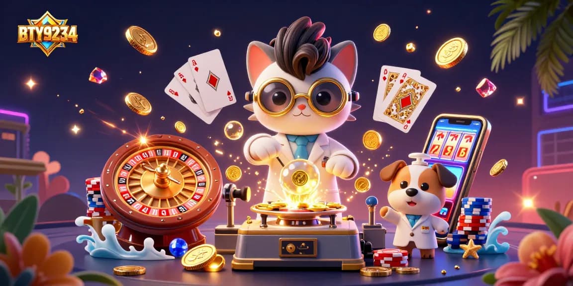 Experience BTY9234 excitement with a mad scientist cat and dog creating gambling magic in a vibrant casino scene.