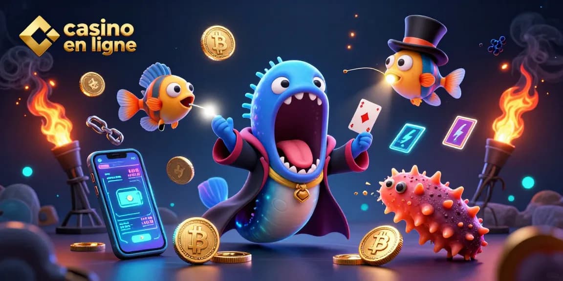 Une scène magique de casino en ligne avec un poisson angler illuminant un spectacle de cartes avec une anguille luminescente.
