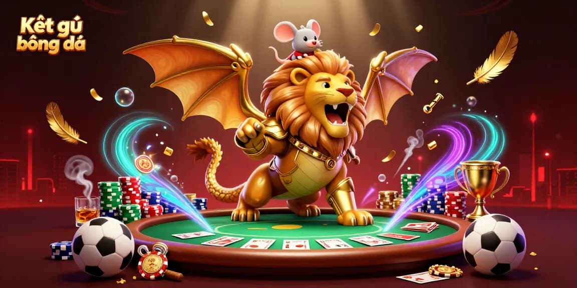 Kết quả bóng đá dynamically illustrated with a roaring chimera and mouse jockey amidst a bustling gambling scene featuring sports balls and vibrant poker elements.