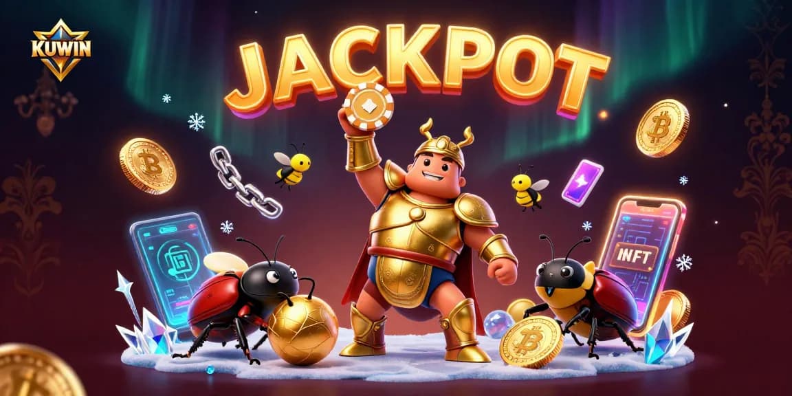 Kuwin showcases thrilling gambling action with a victorious beetle and glowing crypto elements in 3D illustration.