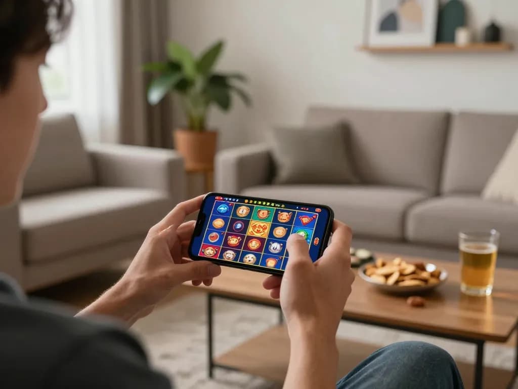 Hitclub user engaging in mobile gaming on smartphone surrounded by a cozy home setting.