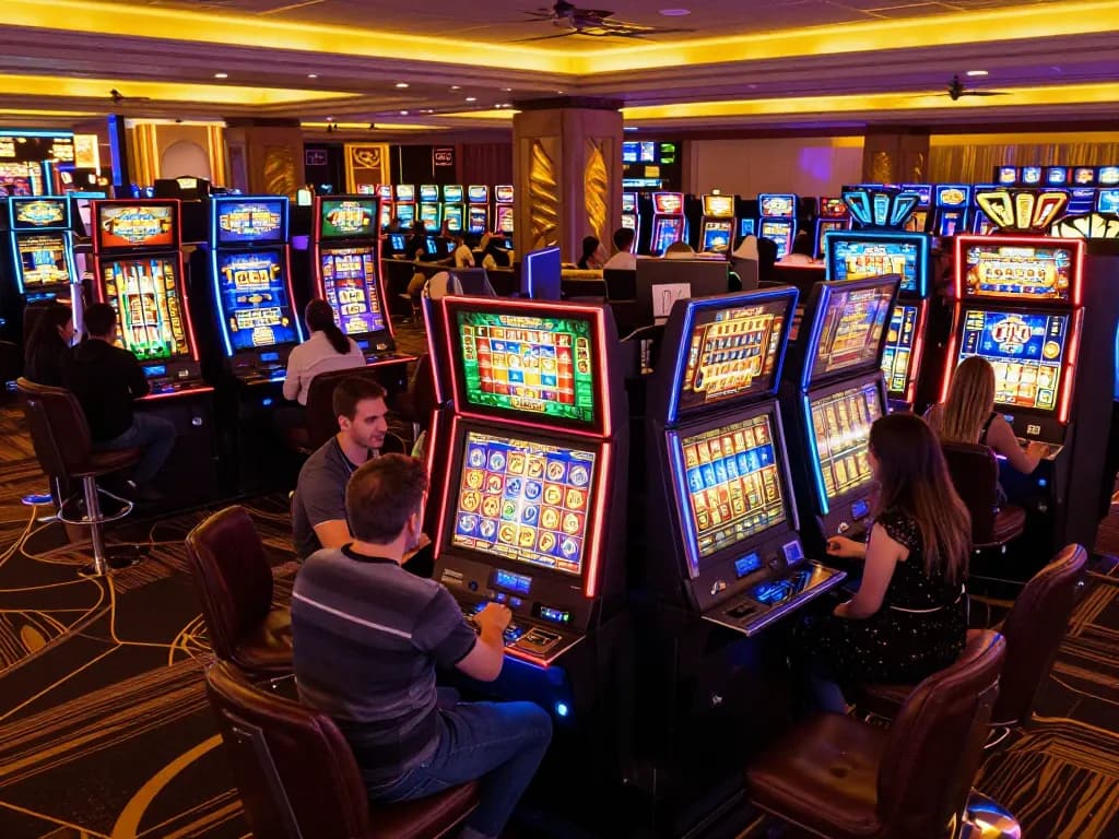 Engaging gameplay at slot gacor 777 area with colorful machines and excited players.