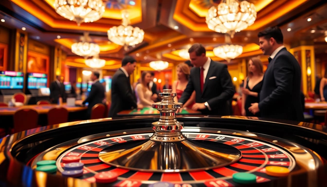 Menggandeng pengalaman bbni4d, suasana kasino dengan meja roulette yang ceria dan pemain berinteraksi.