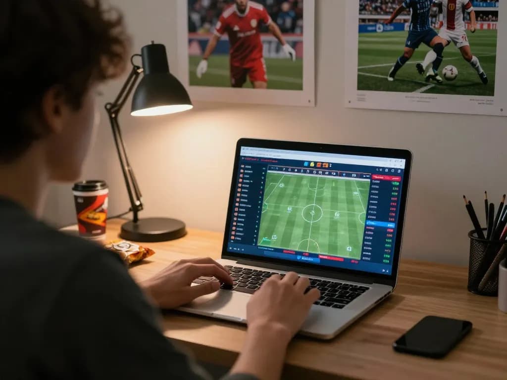 Engaged user placing bets on https://tip88.buzz/ in stylish home office during live sports event.