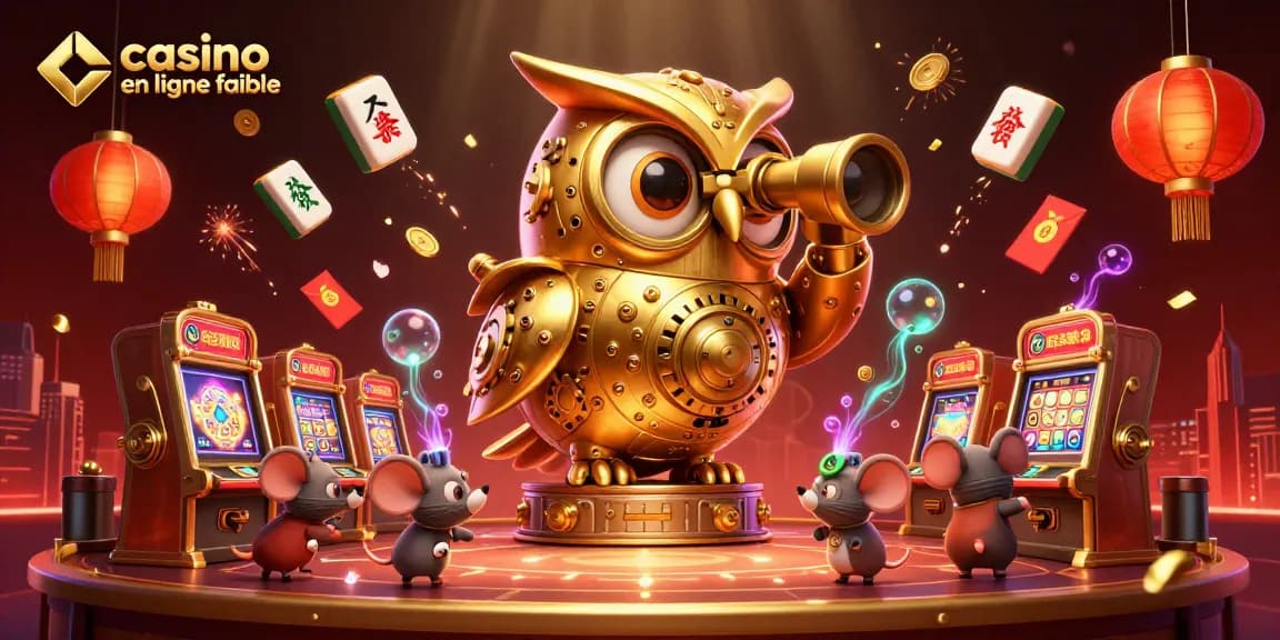 Jouez dans un casino en ligne fiable avec des machines à sous animées et un hibou d'or.