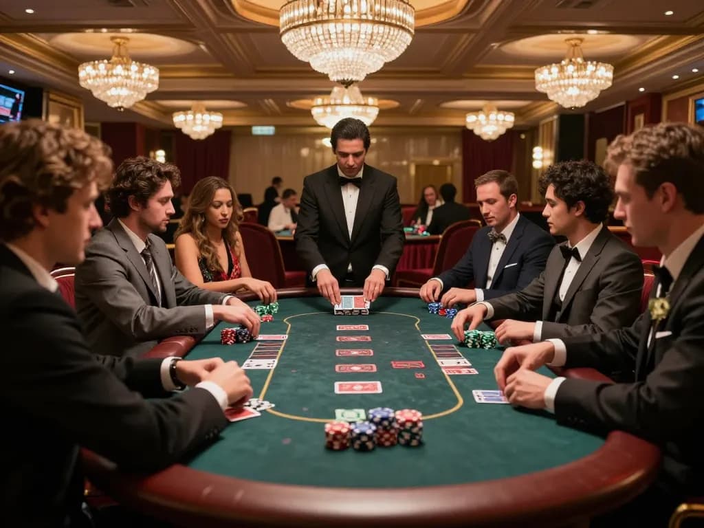 New York City Personal Injury Lawyer reviewing a high-stakes poker game at a luxurious casino table.