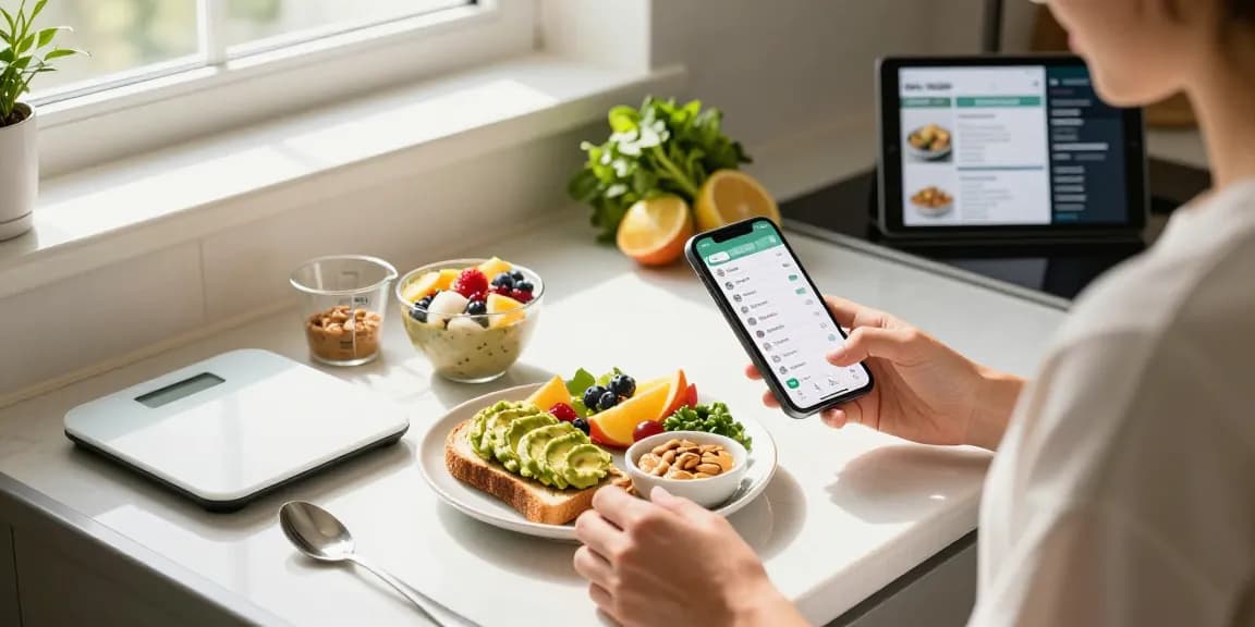 Logging breakfast with the best calorie tracker app in a bright kitchen filled with healthy foods.