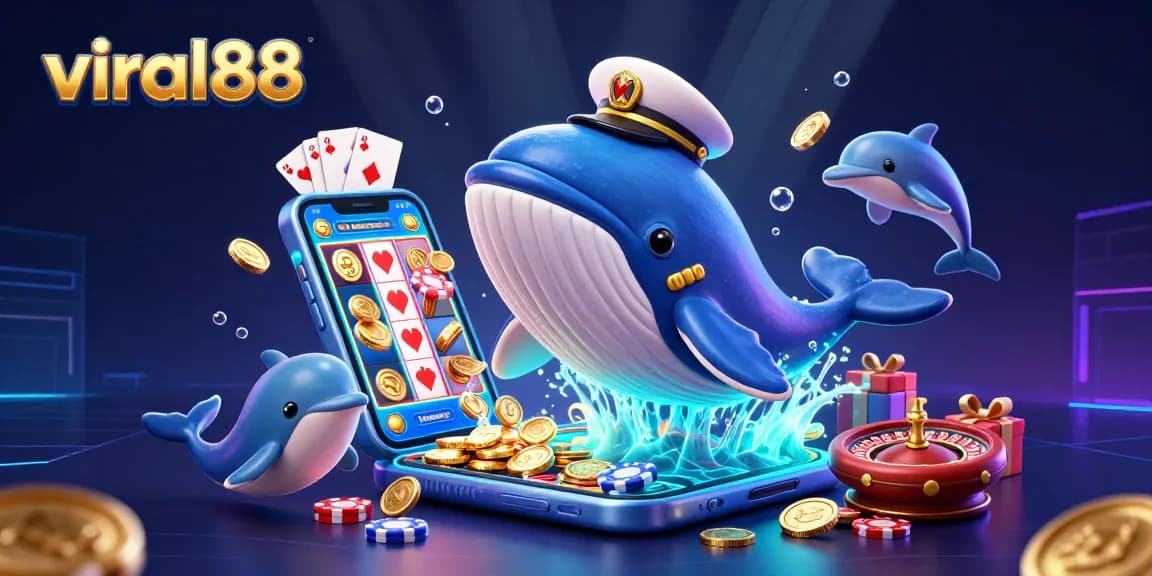 Experience thrilling gameplay with viral88 as colorful slot games and playful dolphins fill the vibrant illustration.