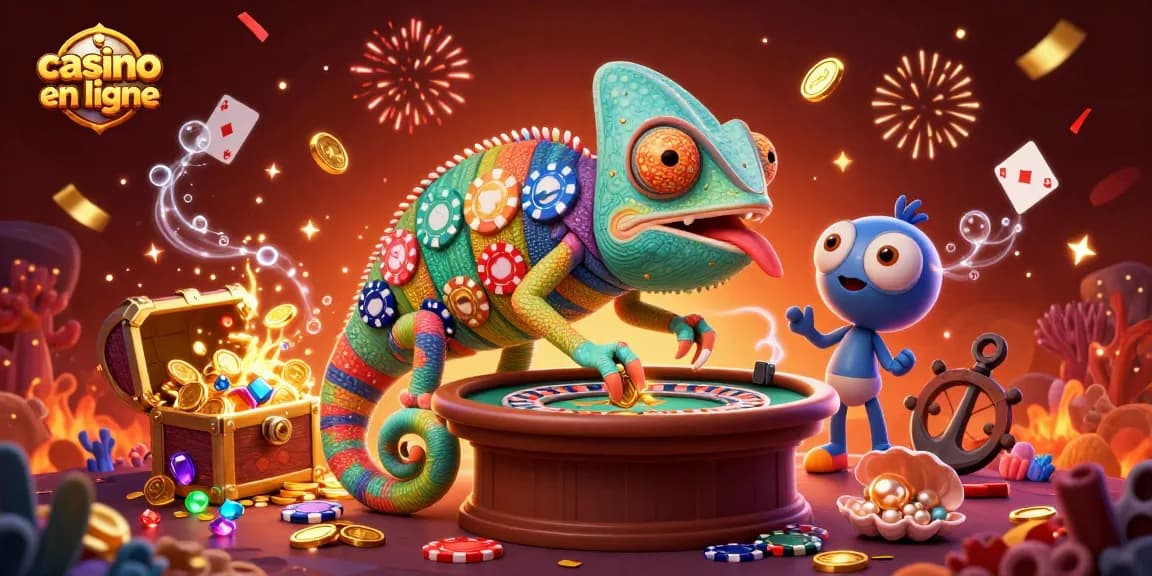 Illustration représentant un propriétaire de casino caméléon vibrant, saisissant des pièces d'or au casino en ligne.