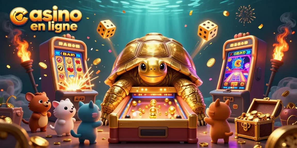 Rejoignez le casino en ligne avec une tortue d'or géante jouant au flipper.