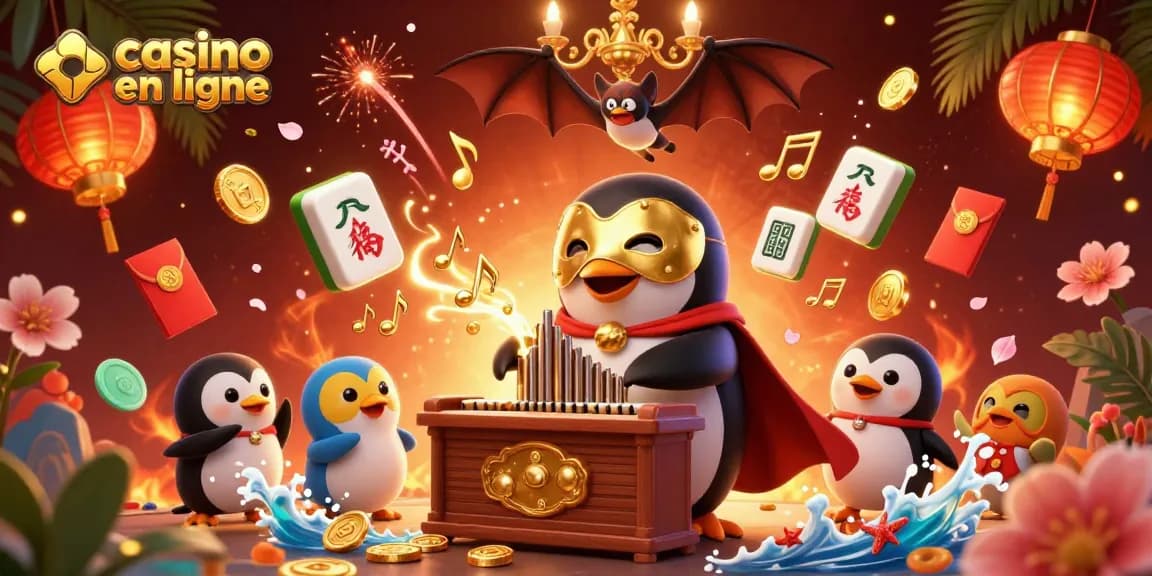 Plonger dans l'univers de casino en ligne avec un manchot jouant de l'orgue, attirant la chance avec des pièces d'or.