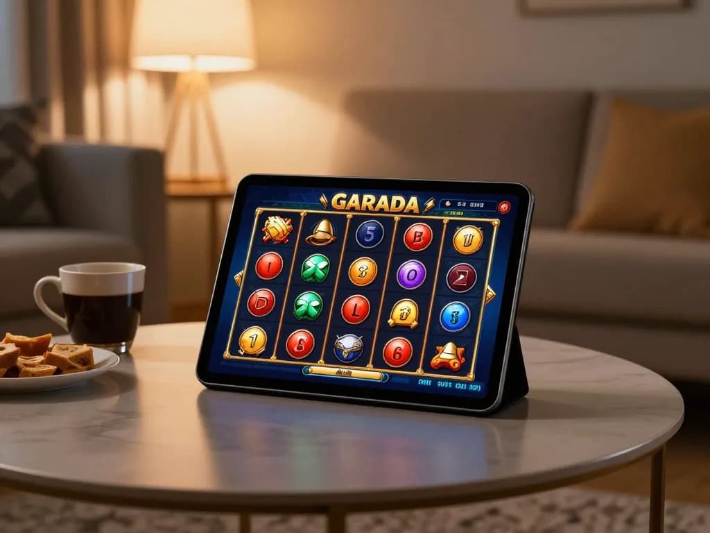 Engaged player enjoying a garuda slot game on tablet at home, showcasing vibrant visuals.