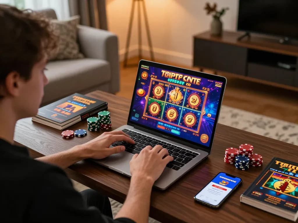Pemain terlibat menggunakan aplikasi kasino online aneka4d di laptop mereka, antarmuka permainan slot berwarna-warni ditampilkan