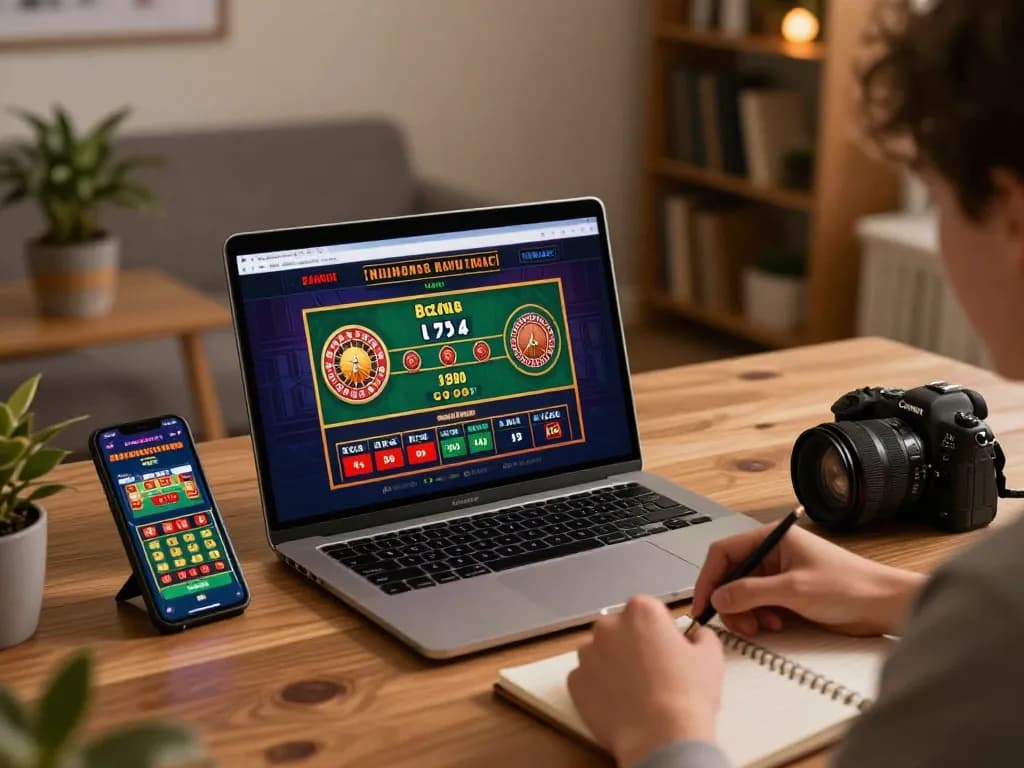 Sunwin user engaging in online gambling strategies with laptop and smartphone in a cozy home setting.