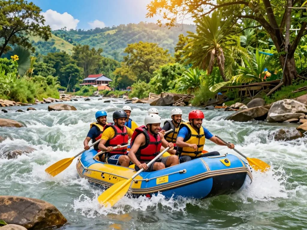 Engaging group of adventurers rafting on the Kali River in Dandeli amidst lush greenery and blue skies, capturing the essence of adventure.