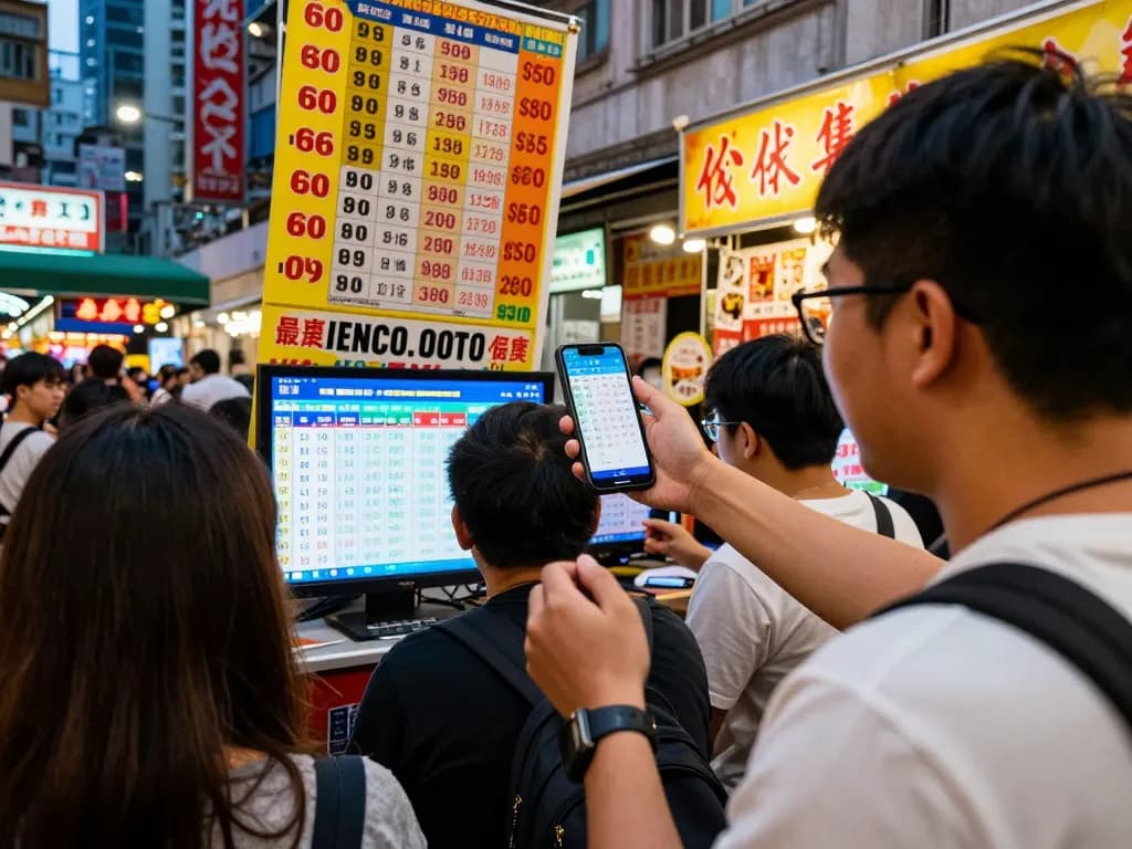 Engaged togel player celebrating a win while checking HK lotto results on a smartphone in a vibrant urban setting.