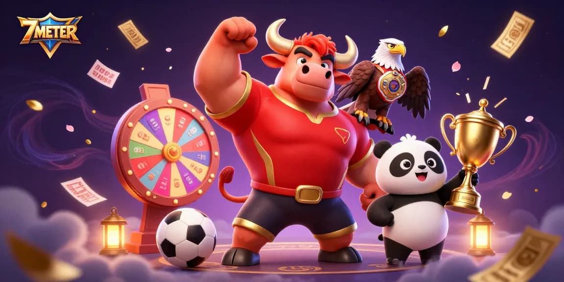 Engage with 7METER's exciting sports betting scene featuring a bull, eagle, and panda celebrating wins.