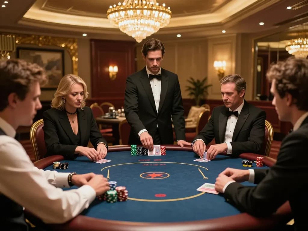 Players strategizing at Sunwin's high-roller poker table in an elegant casino.