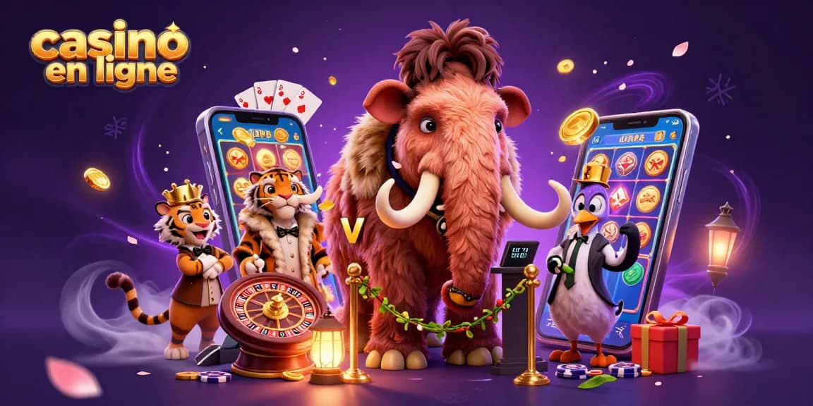 Une illustration dynamique d'un casino en ligne avec des personnages animés, des jeux de casino et des effets lumineux captivants.