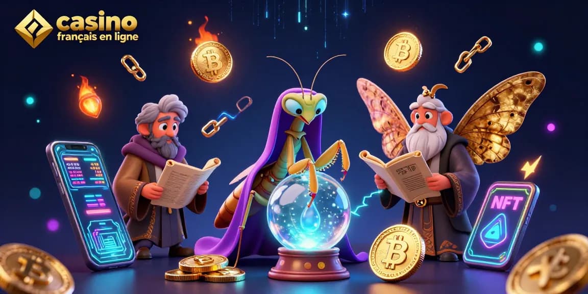 Découvrez une illustration captivante de casino français en ligne avec des personnages mystiques et des éléments crypto.