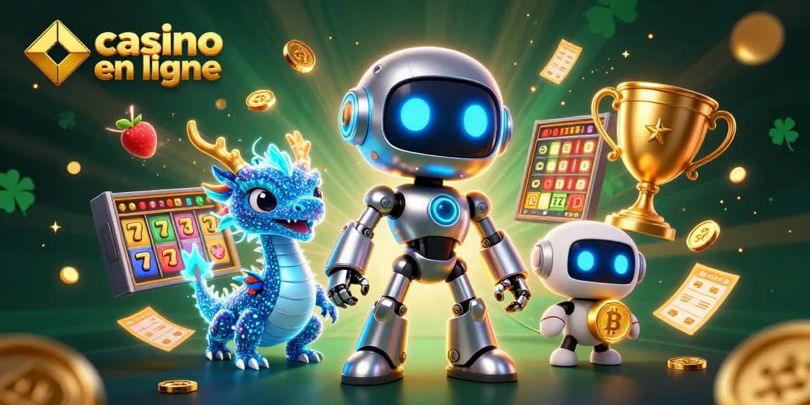 Jouer dans un casino en ligne avec le robot cyberpunk, un dragon IA, et un drone Bitcoin, entouré d'éléments de jeu.