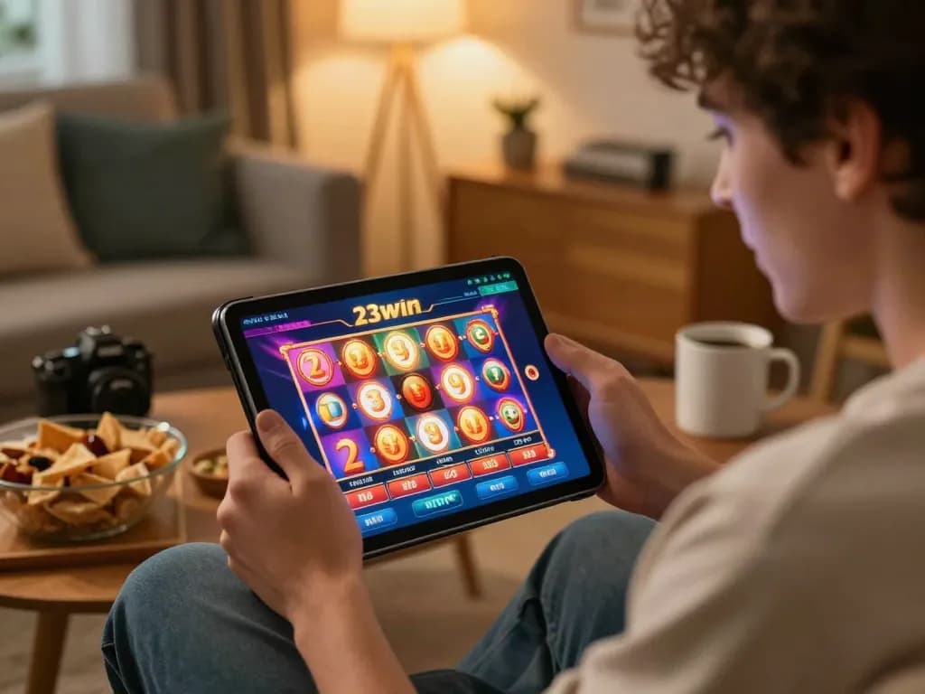Enjoying 23win's slot games on a tablet in a cozy living room with snacks and excitement.