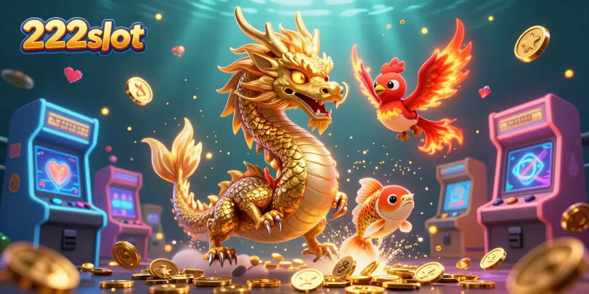 Menggulingkan jackpot di 222slot dengan naga emas berkilau dan ikan koi melompat di atas koin.