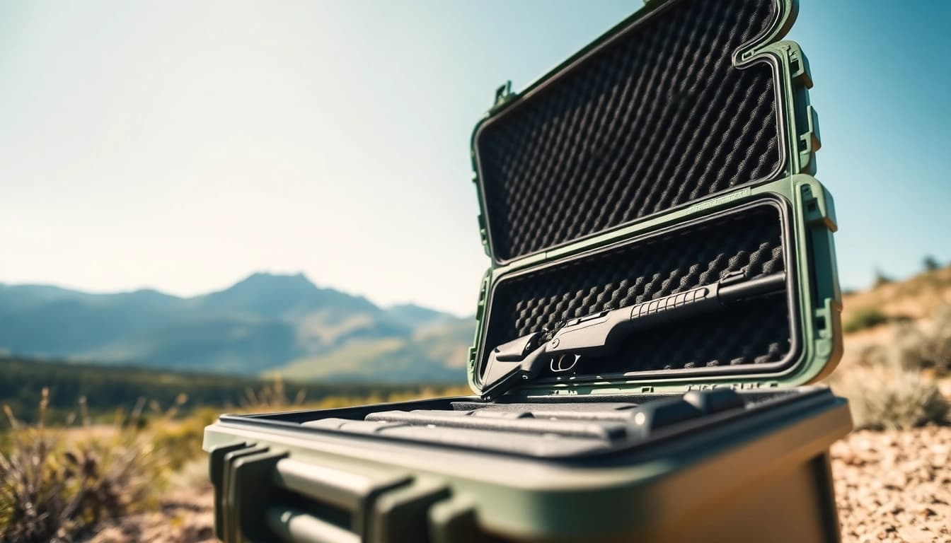 Shop pelican gun case for sale showing its organized interior and sturdy design in a natural setting.
