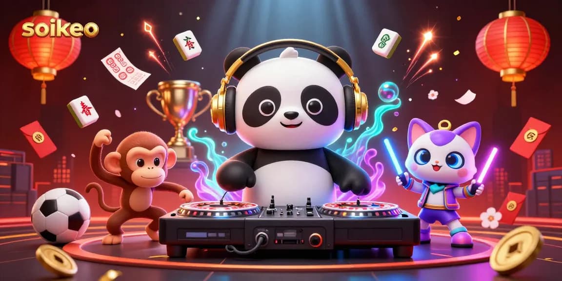 Engage in thrilling sports betting with soikeo, featuring a DJ panda and vibrant characters.