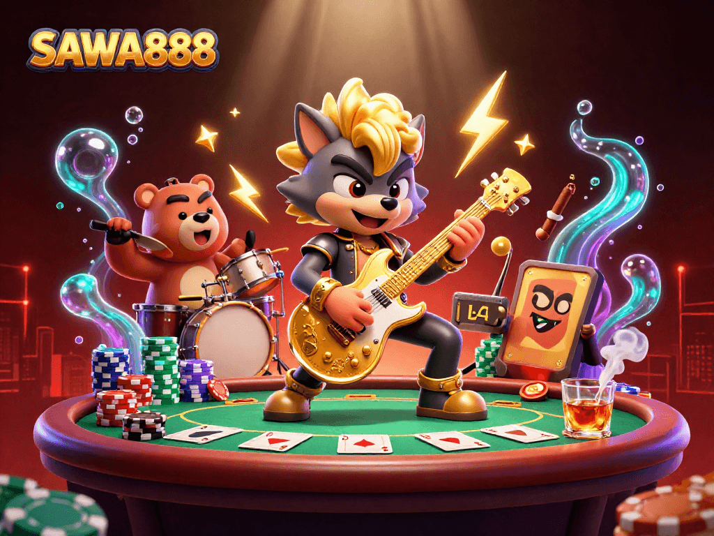 Engage with SAWA888 as a wolf rocker and bear drummer ignite the casino stage with vibrant gaming elements.
