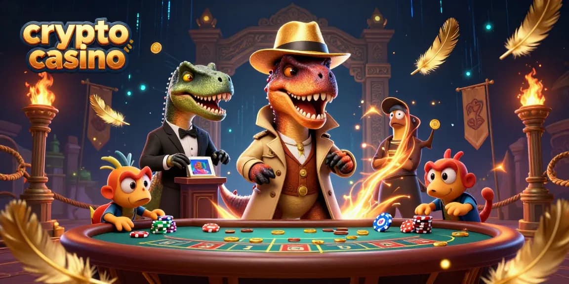 Gioca nel crypto casino: il velociraptor cerca di contare le carte su un tavolo blackjack, circondato da atmosfere di tensione ludica.