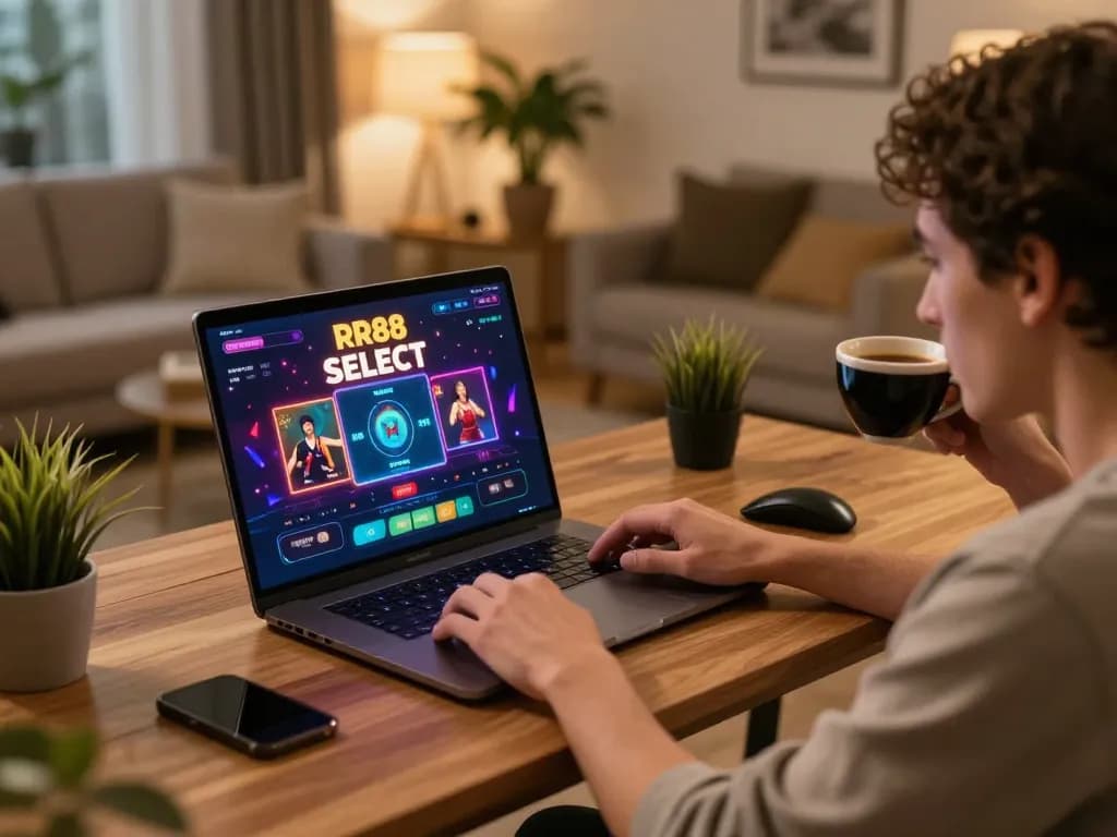 Engaging in RR88 SELECT online gaming with a laptop, showcasing a cozy setup and vibrant graphics.