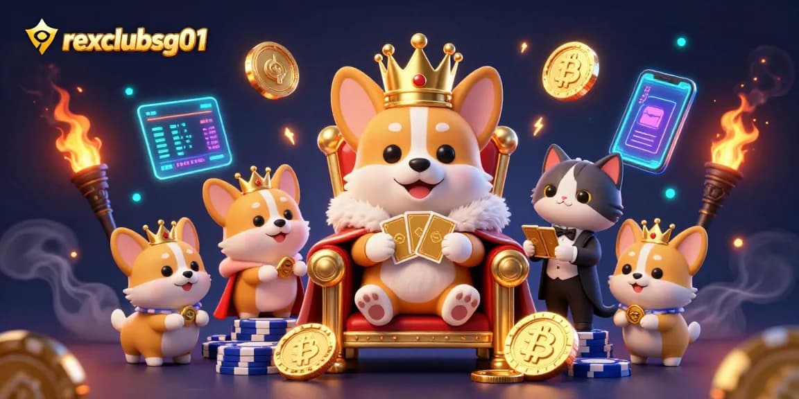 Spin and win with rexclubsg01 as corgis delight in a golden poker throne surrounded by crypto coins.