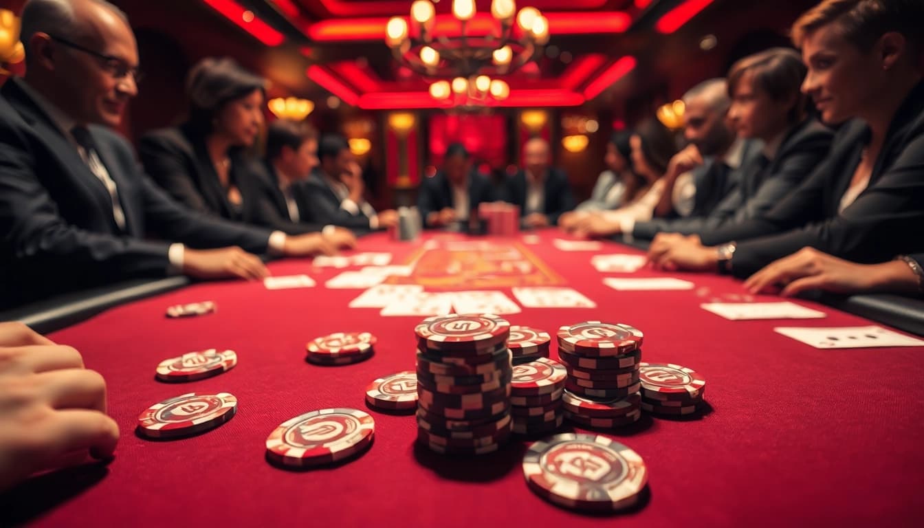 Menggambarkan permainan poker di kasino dengan keseruan ondel4d, menampilkan kartu dan chip mewah.