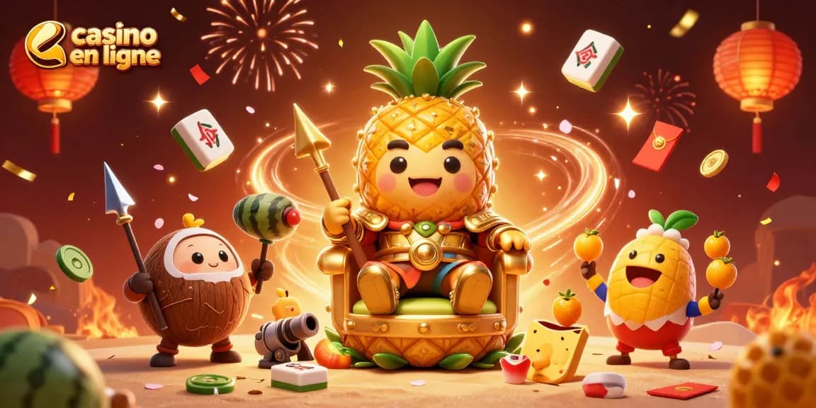 Visuel vibrant avec casino en ligne, le roi ananas entouré de gardes de noix de coco et d'un bouffon de mangue.