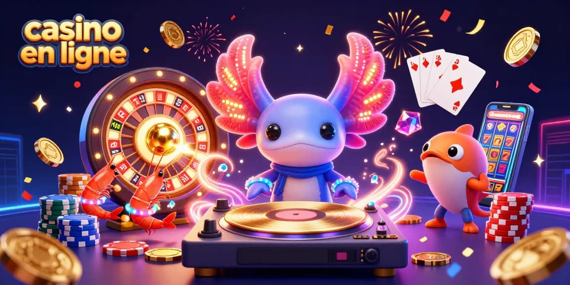 Illustration animée captivante pour casino en ligne, représentant un DJ axolotl en 3D entouré de personnages marins.