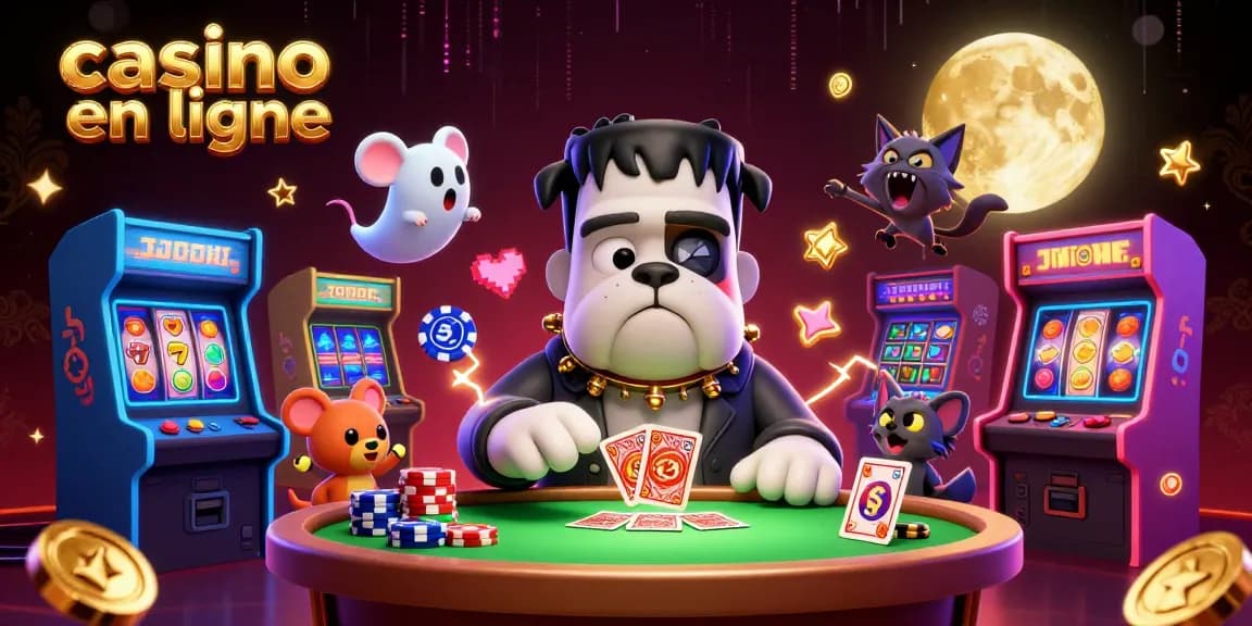 Le bulldog Frankenstein au casino en ligne distribue des cartes entouré d'éléments ludiques.